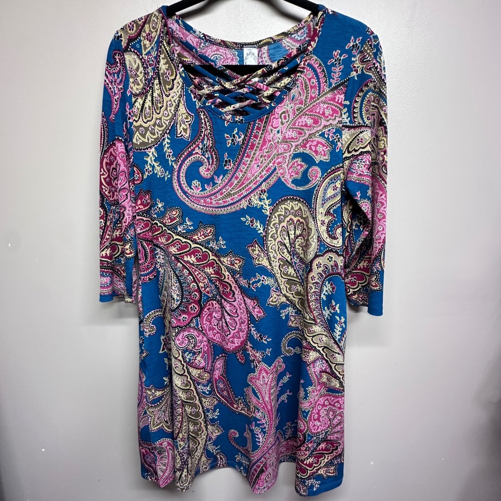Honeyme Blue Paisley Lattice Neck 3/4 Sleeve Tunic Dress Made in LA‎ Size Small